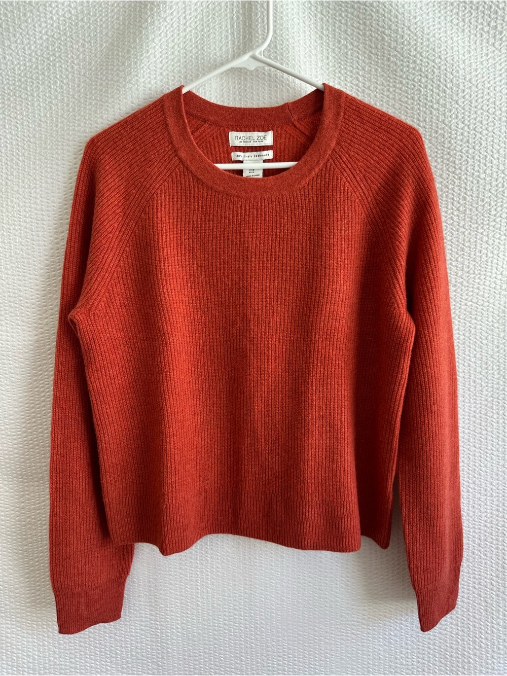 Rachel Zoe 100% 2-Ply Cashmere Ribbed Crewneck Sweater Rust Orange Medium